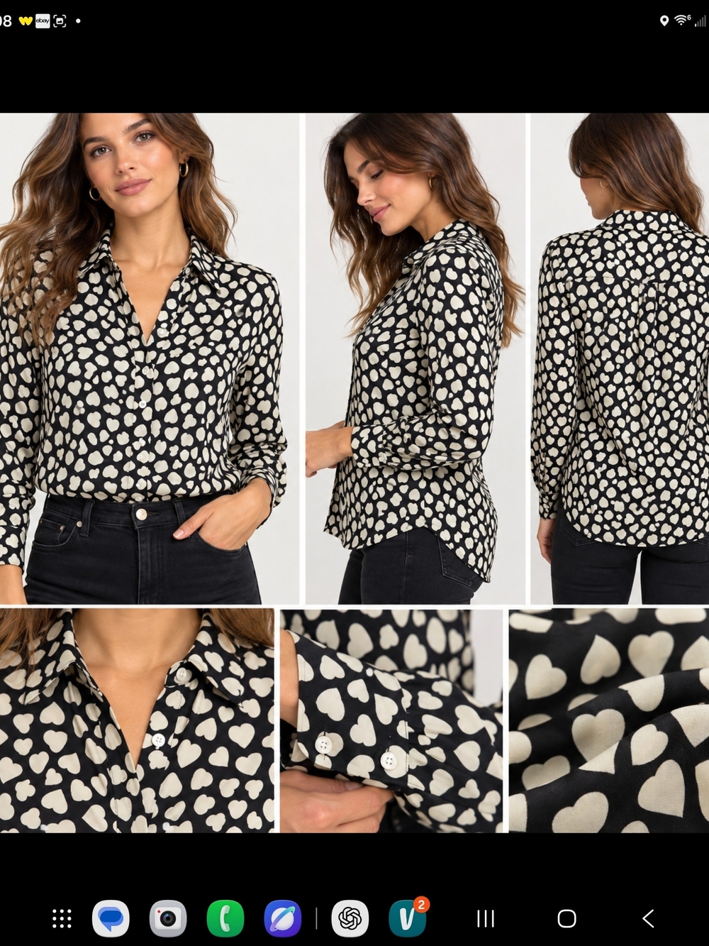 J. Crew Black Button-Down Blouse with Cream Heart Print